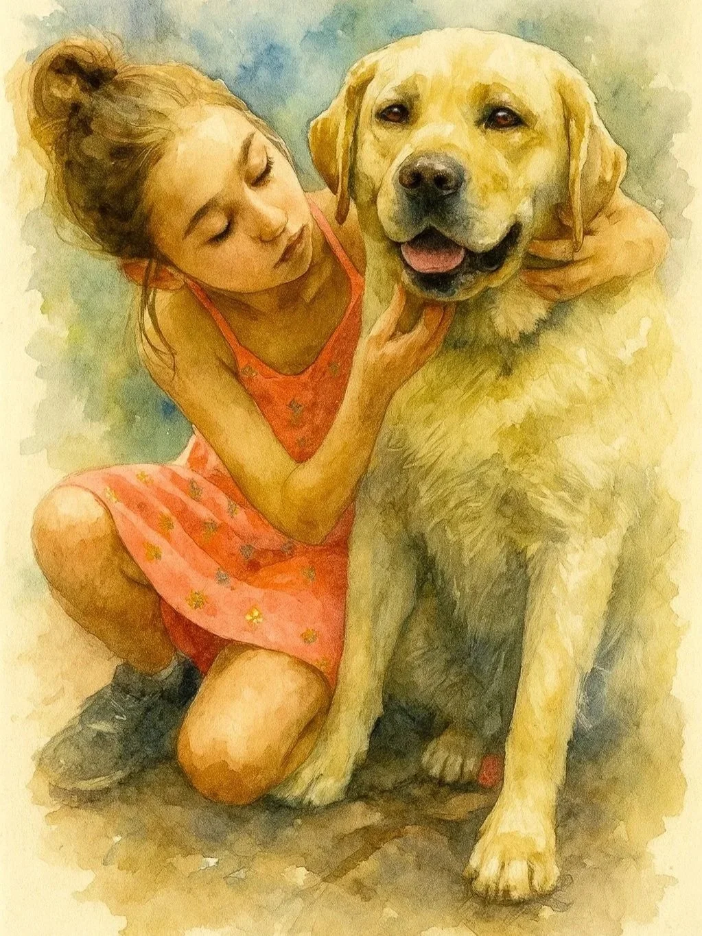 A girl with brown hair in a bun, wearing an orange dress with golden flowers, kneeling and hugging a large yellow Labrador retriever dog with a happy expression, against a watercolor background.