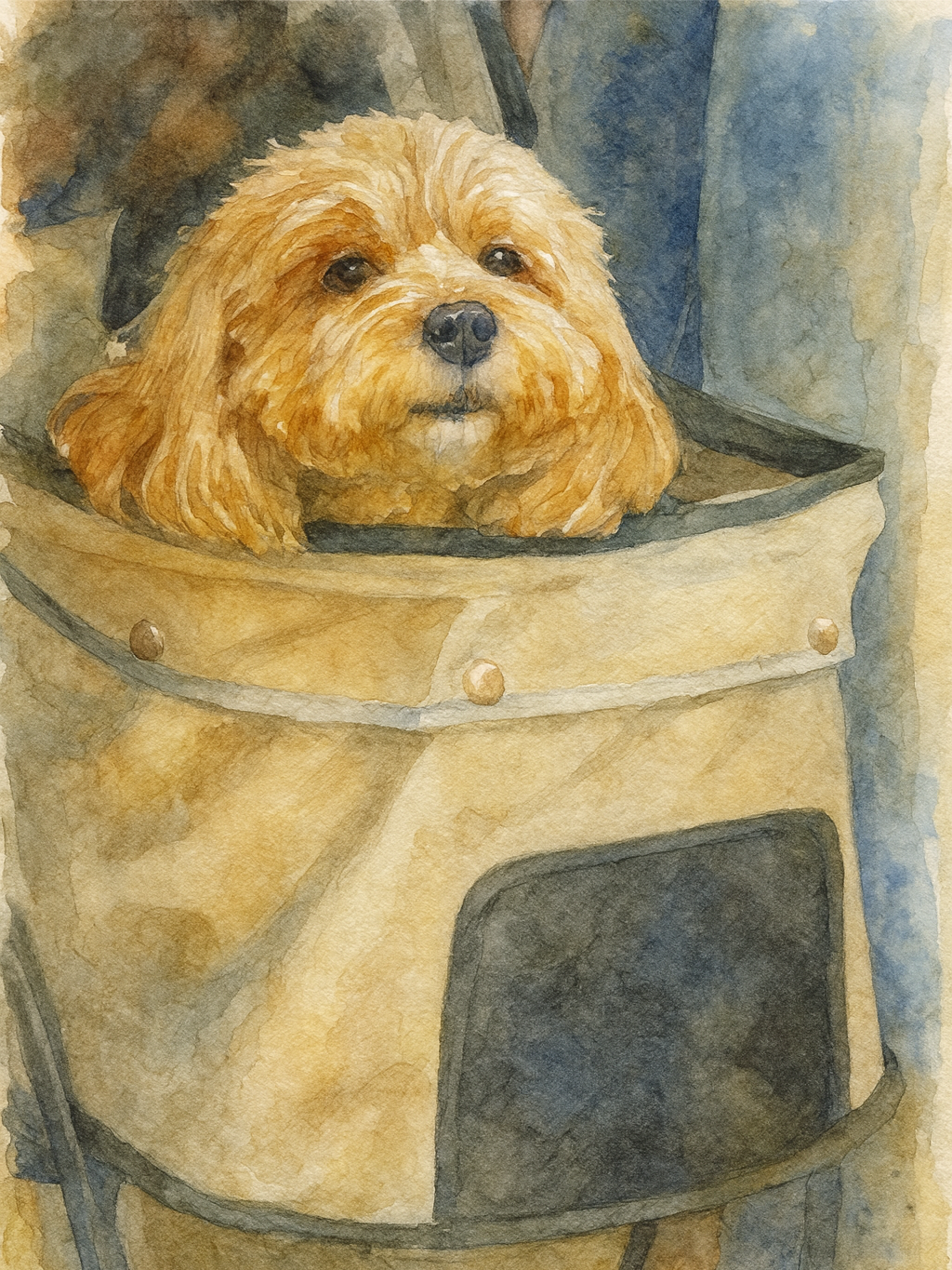 Watercolor painting of a small brown, fluffy dog with long ears resting its head on the edge of a beige pet carrier.
