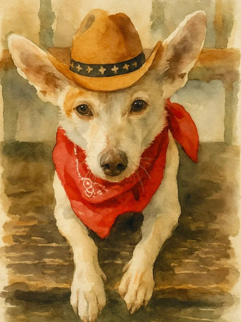 Watercolor painting of a small dog wearing a cowboy hat, red bandana, and sitting on a wooden floor.