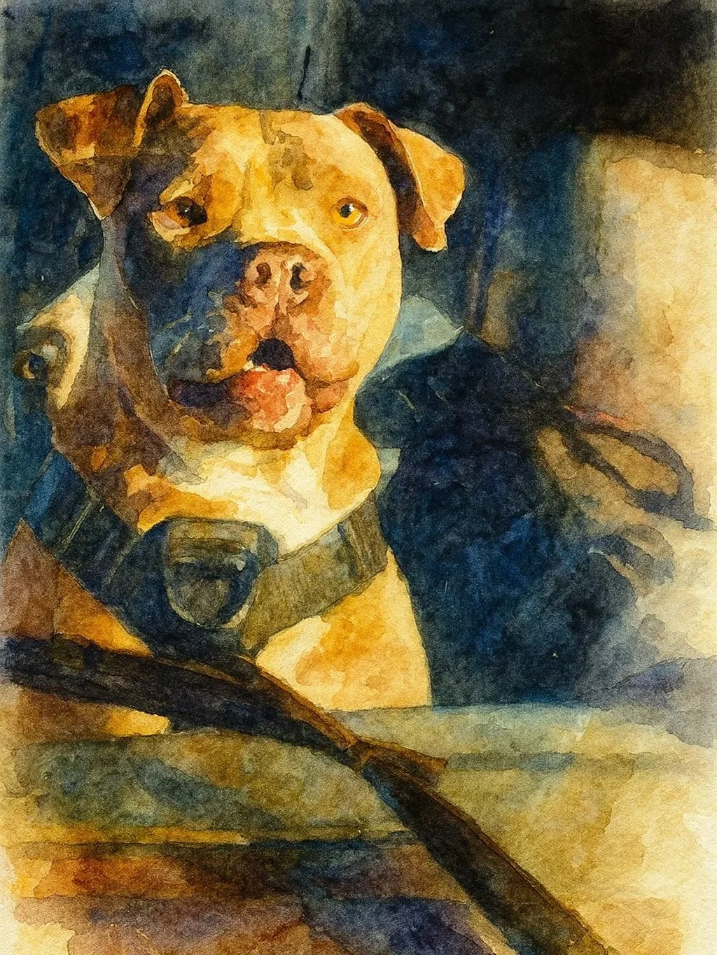 Watercolor painting of a dog, possibly a pit bull, sitting with a serious expression, wearing a harness. The background is dark and the surface is light-colored wood.