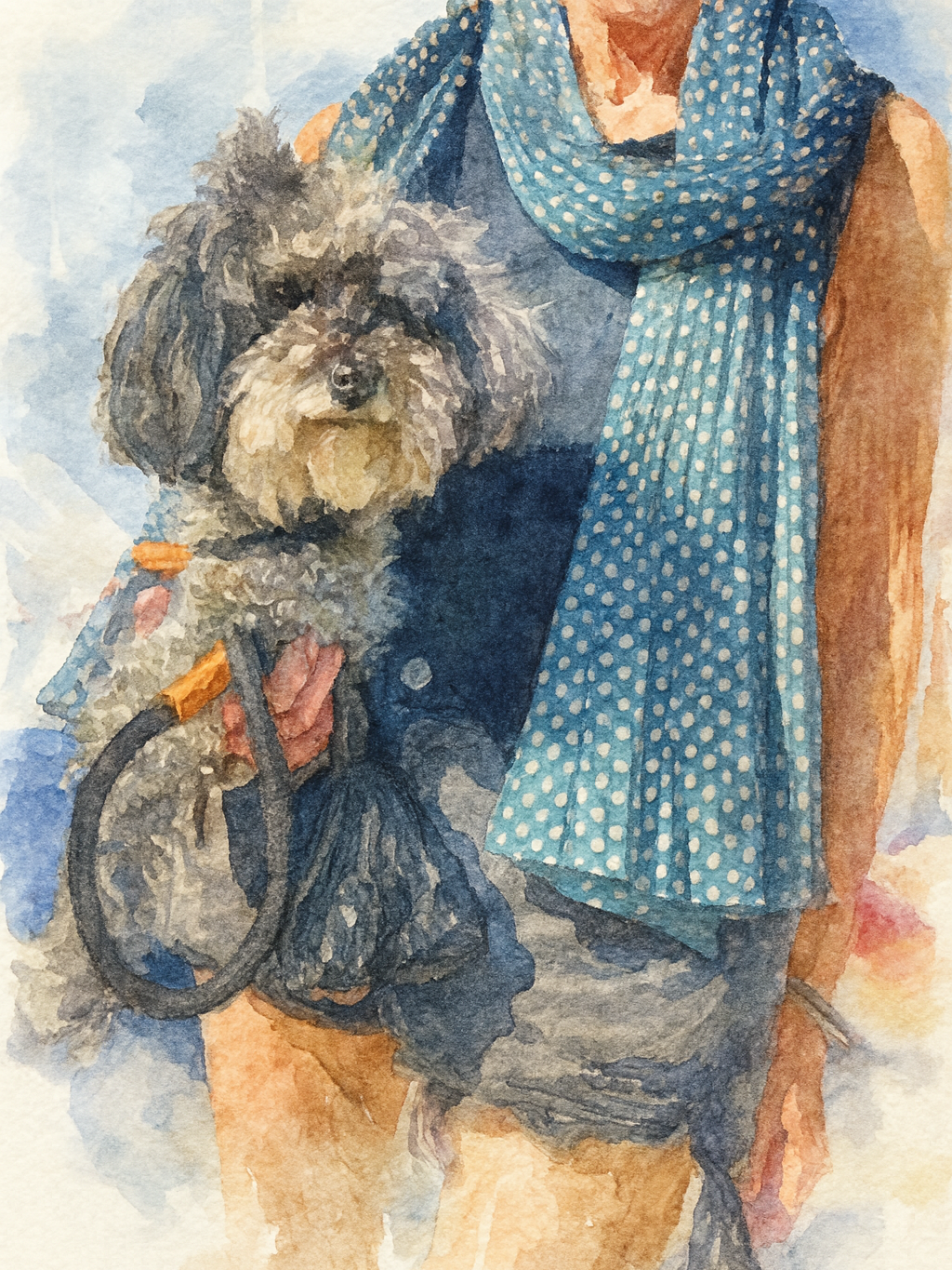 A woman standing next to a small dog with curly fur, wearing a harness, against a colorful abstract background.