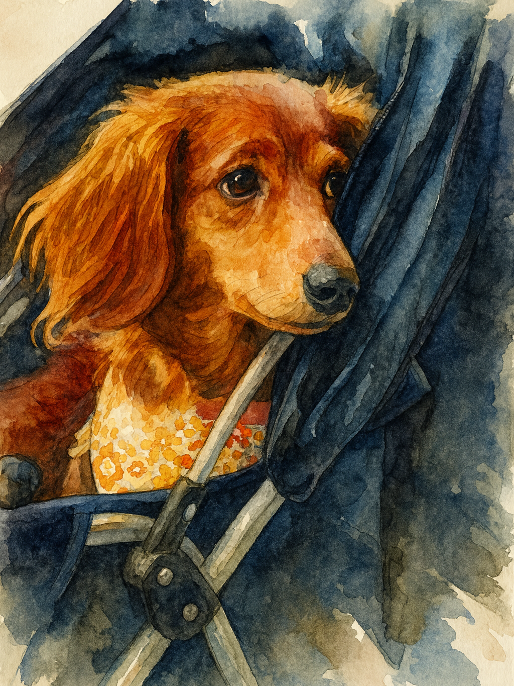 Watercolor painting of a brown dachshund dog in a stroller, wearing a floral collar.