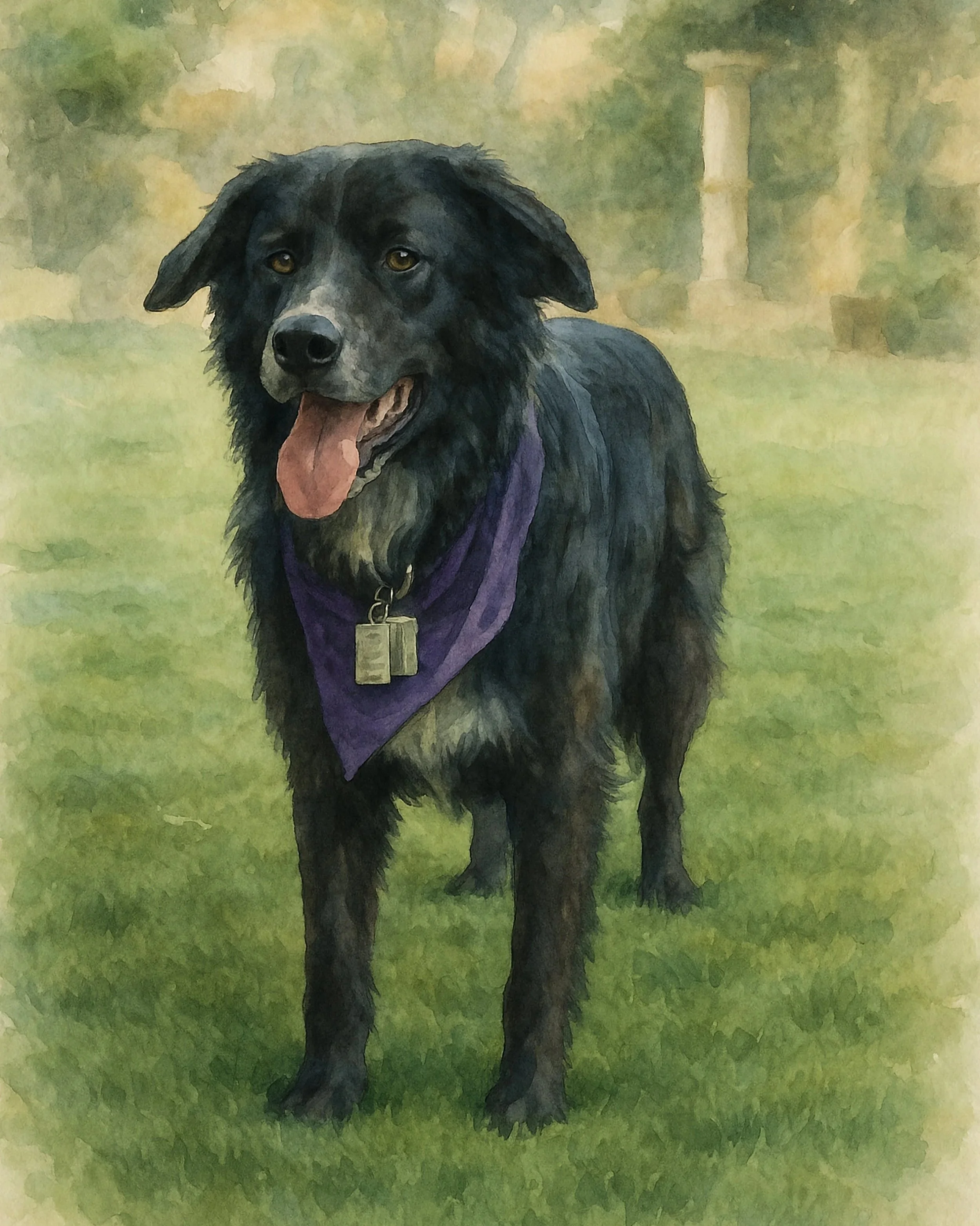 A black dog wearing a purple bandana with a metal tag standing on grass in a park with trees and a stone pillar in the background.