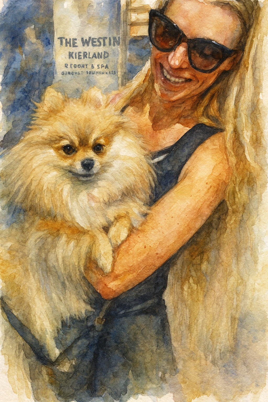 A woman wearing large black sunglasses and a black sleeveless top smiling while holding a small fluffy Pomeranian dog in front of a sign for a foot and spa.