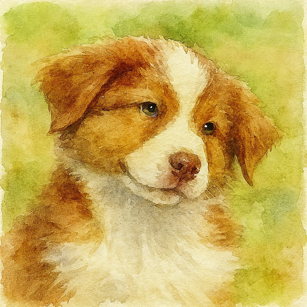 Watercolor painting of a brown and white puppy with one eye slightly closed and a pink nose, set against a green background.