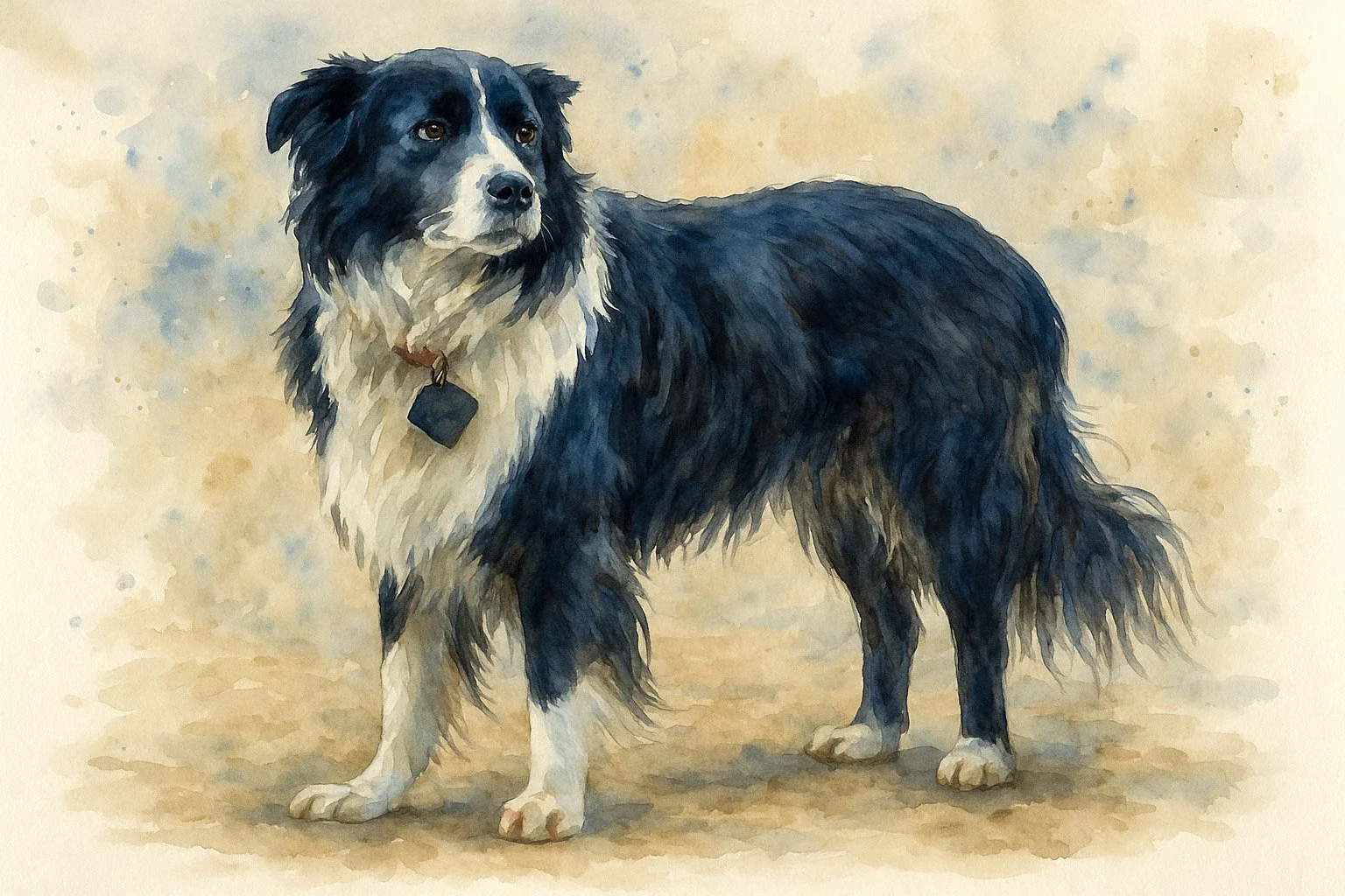 Watercolor painting of a black and white Australian Shepherd dog standing on a neutral background, looking to the left, with a collar and tag.