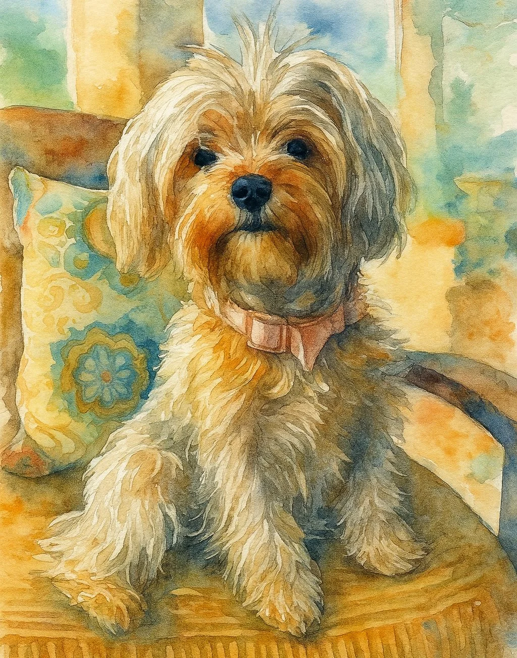 A watercolor painting of a fluffy dog sitting on a wooden table next to a decorative pillow.