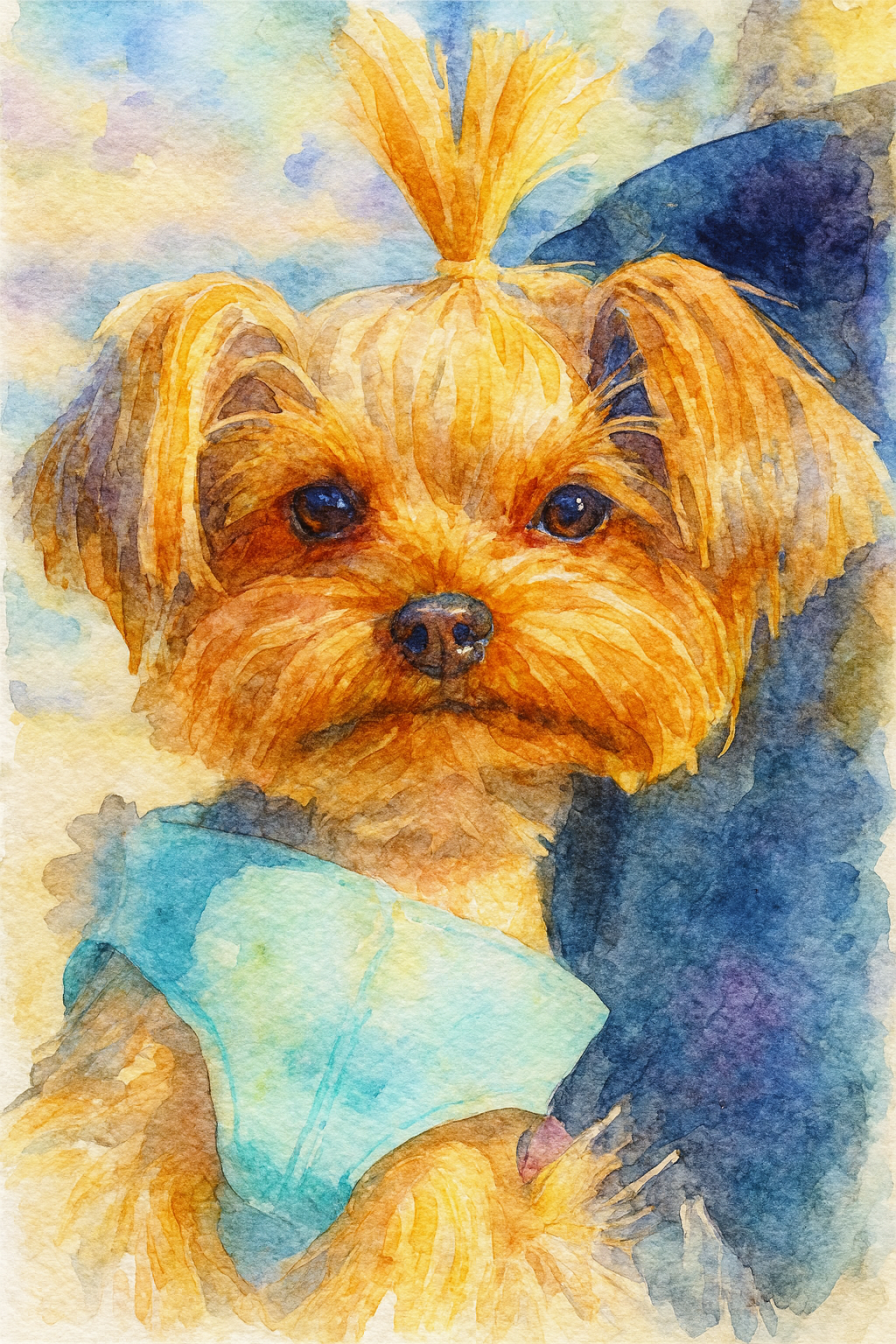 Watercolor painting of a small dog with brown fur, wearing a light blue mask, with a yellow pumpkin on its head and a dark leaf behind it.