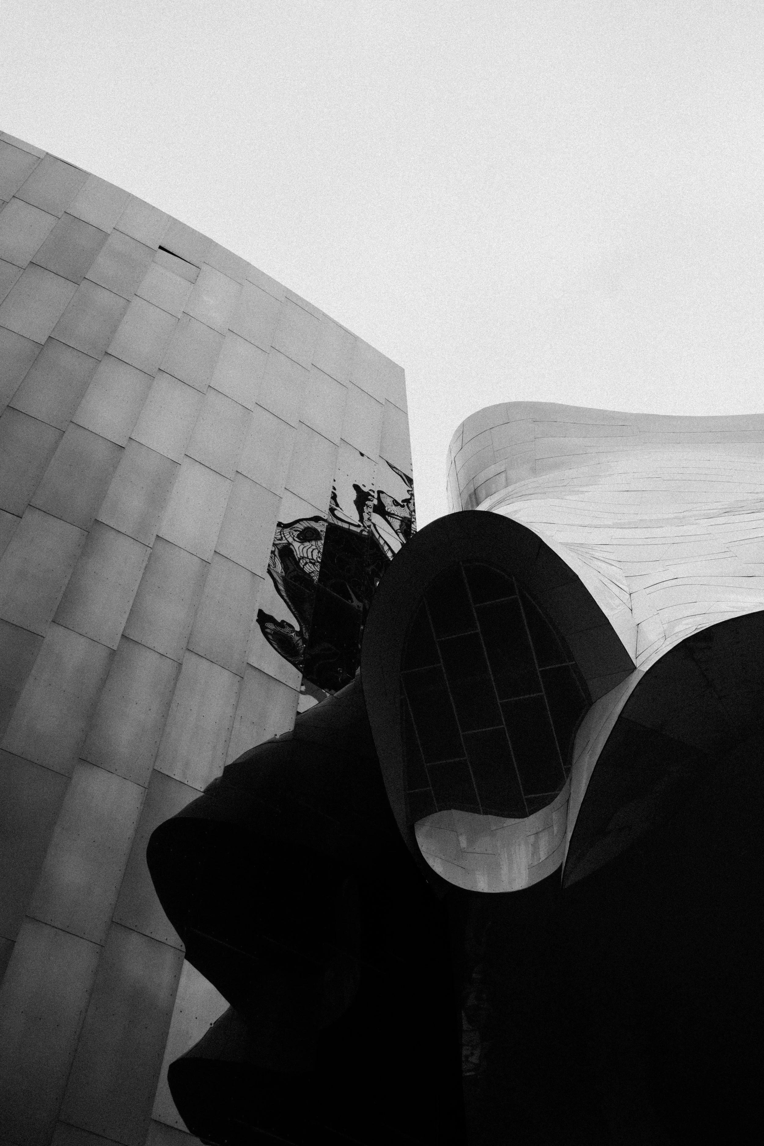 Modern architectural buildings with sleek, curved shapes and textured surfaces in black and white.