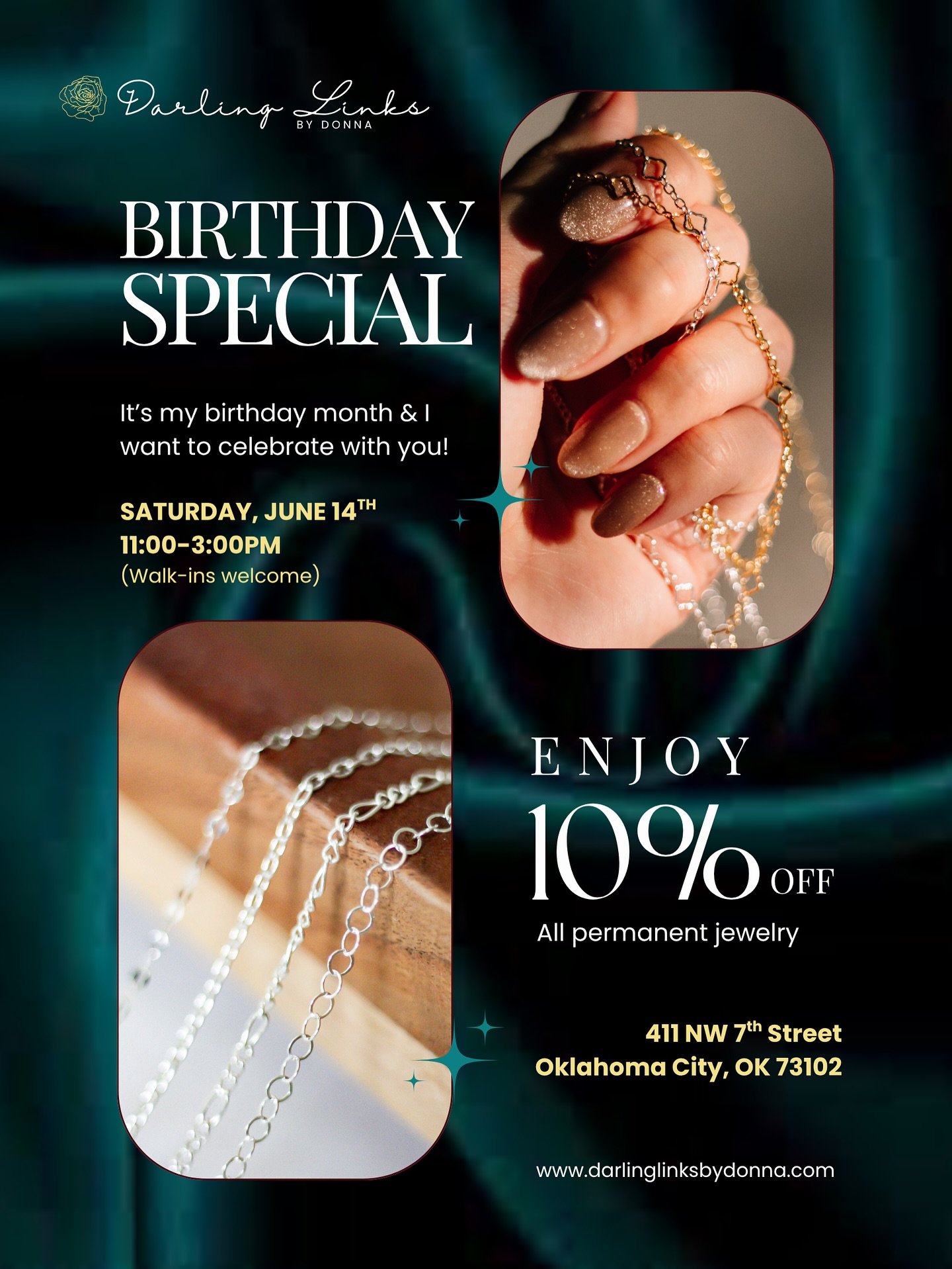 This weekend! 🎉 

Come by @stilnova.co &amp; enjoy 10% off all permanent jewelry services along with a bonus special ✨

🗓 Saturday, June 14th
⏰ 11:00 AM &ndash; 3:00 PM (Walk-ins welcome!)
📍 411 NW 7th Street, Oklahoma City, OK

Hope to see you th