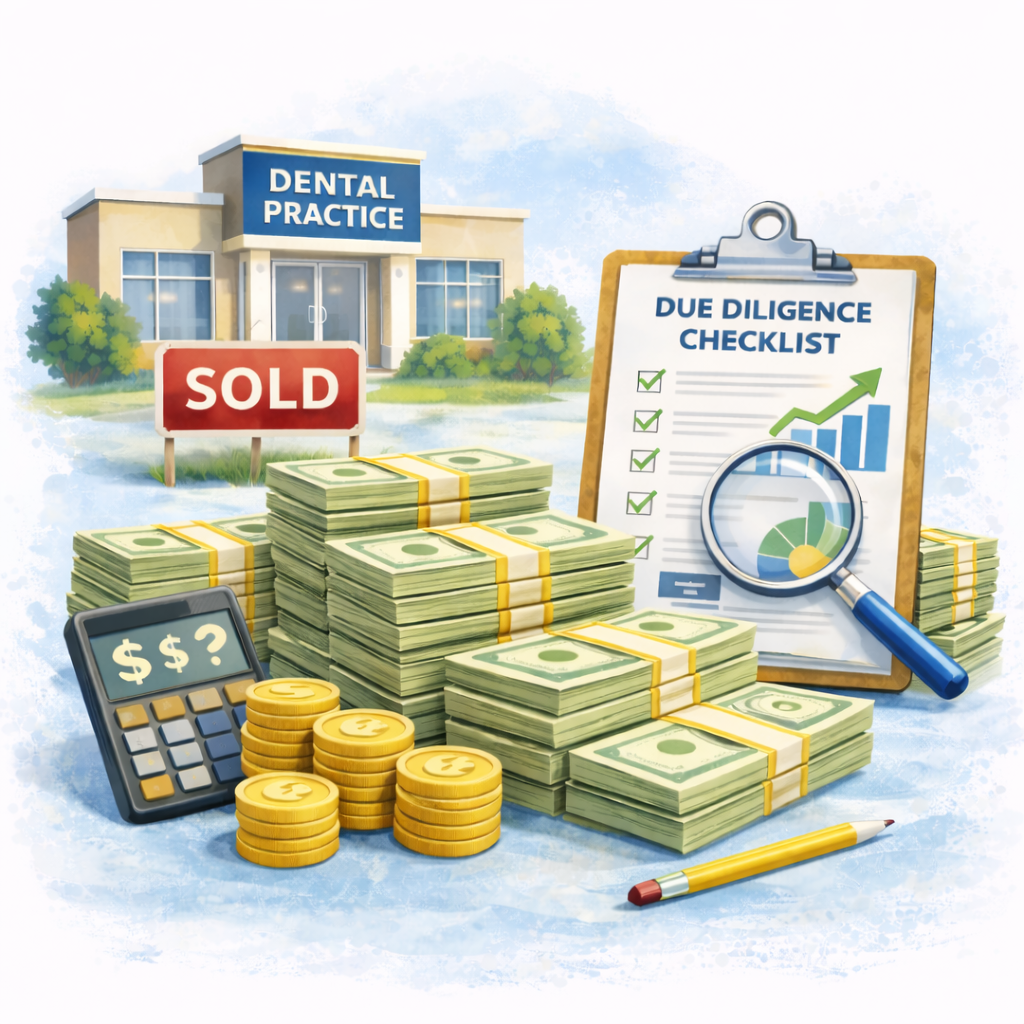 Illustration of a dental practice with a sold sign, stacks of money, a calculator, coins, a pen, and a due diligence checklist with a magnifying glass and upward trending graph, against a background of sky and trees.