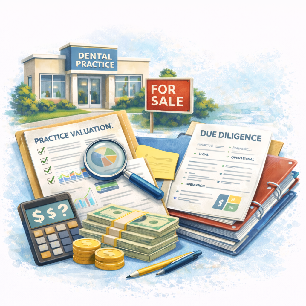 Illustration of a dental practice for sale with financial documents, a calculator, money, and pens on a table in front of the building.