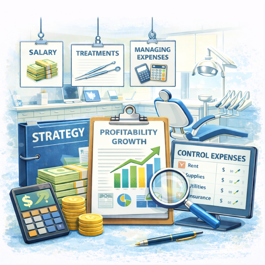 Financial and dental planning visuals including charts, stacks of money, a calculator, and dental equipment in a clinical setting.