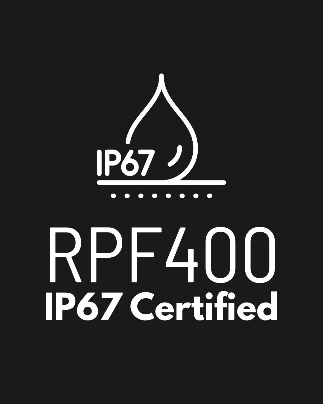 Étiquette du produit indiquant l'indice de résistance à l'eau IP67 et la certification d'étanchéité.