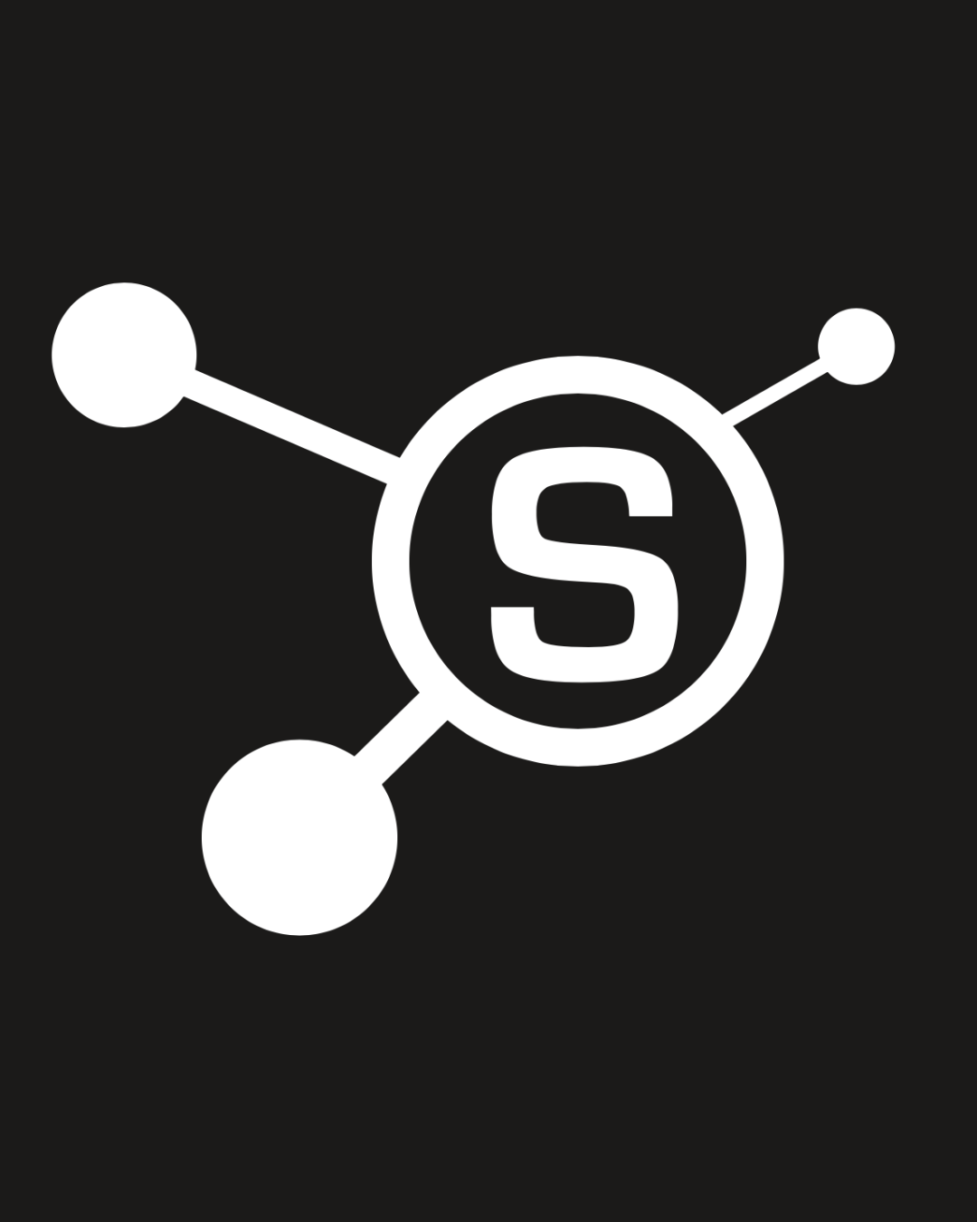 Logo simplifié en noir et blanc avec la lettre « S » au centre et trois lignes avec des cercles s'étendant à partir du centre.