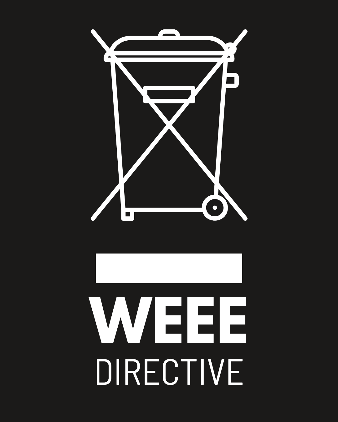 Fond noir avec un dessin au trait blanc représentant une poubelle au-dessus des mots « Directive DEEE ».