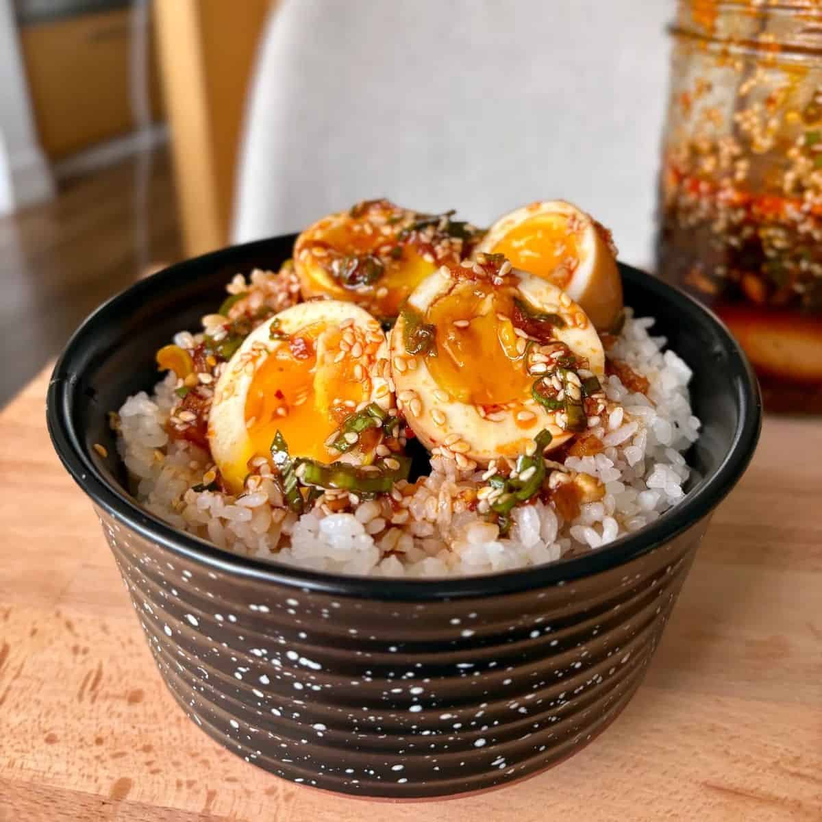 Korean Marinated Eggs w/ Steamed Rice, Edamame, Pickled Carrots & Spring Onion