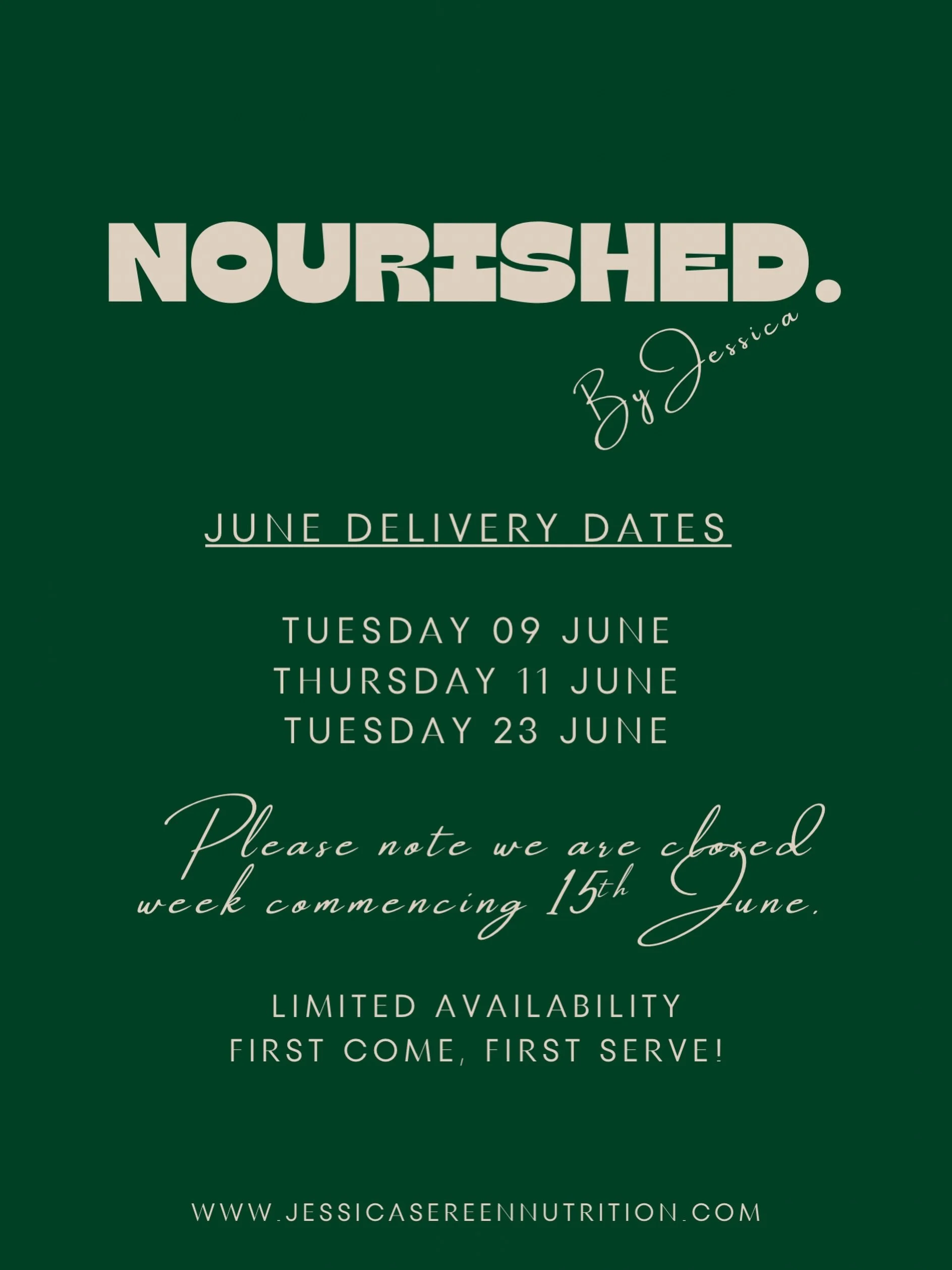 JUNE DELIVERY DATES 📆

Limited availability this month due to large catering events. 

🚚 Tuesday 09 June (limited availability)
🚚 Thursday 11 June 
Week commencing 15th June - CLOSED 
🚚 Tuesday 24 June 

First come, first serve. Order now via lin