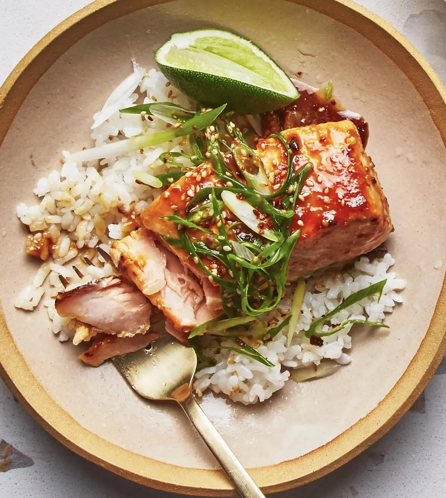 Miso Honey Salmon Bowl w/ Steamed Rice, Edamame, Pickled Carrots & Spring Onion