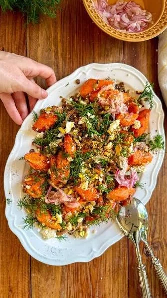 Roasted Cumin Carrot & Lentil Salad with Rocket, Dill & Creamy Tahini (Ve, GF)