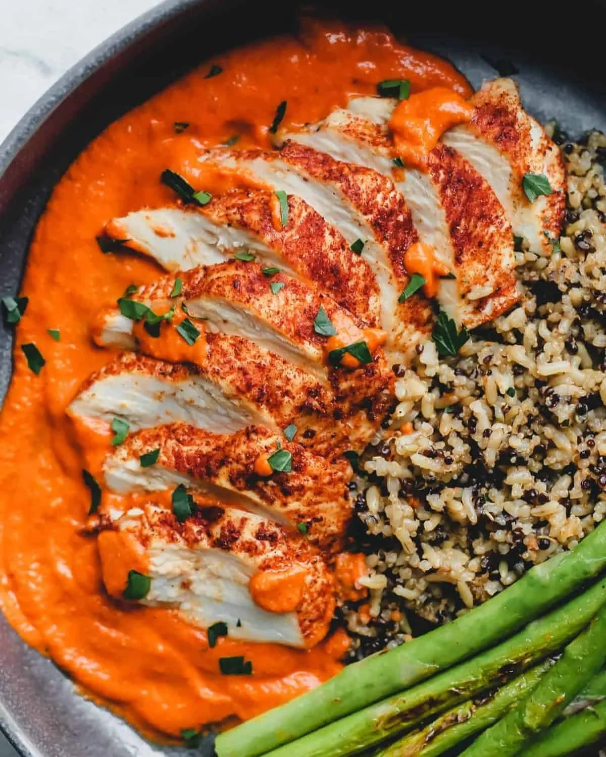 Baked Chicken w/ Red Pepper Romesco & Quinoa Tabbouleh
