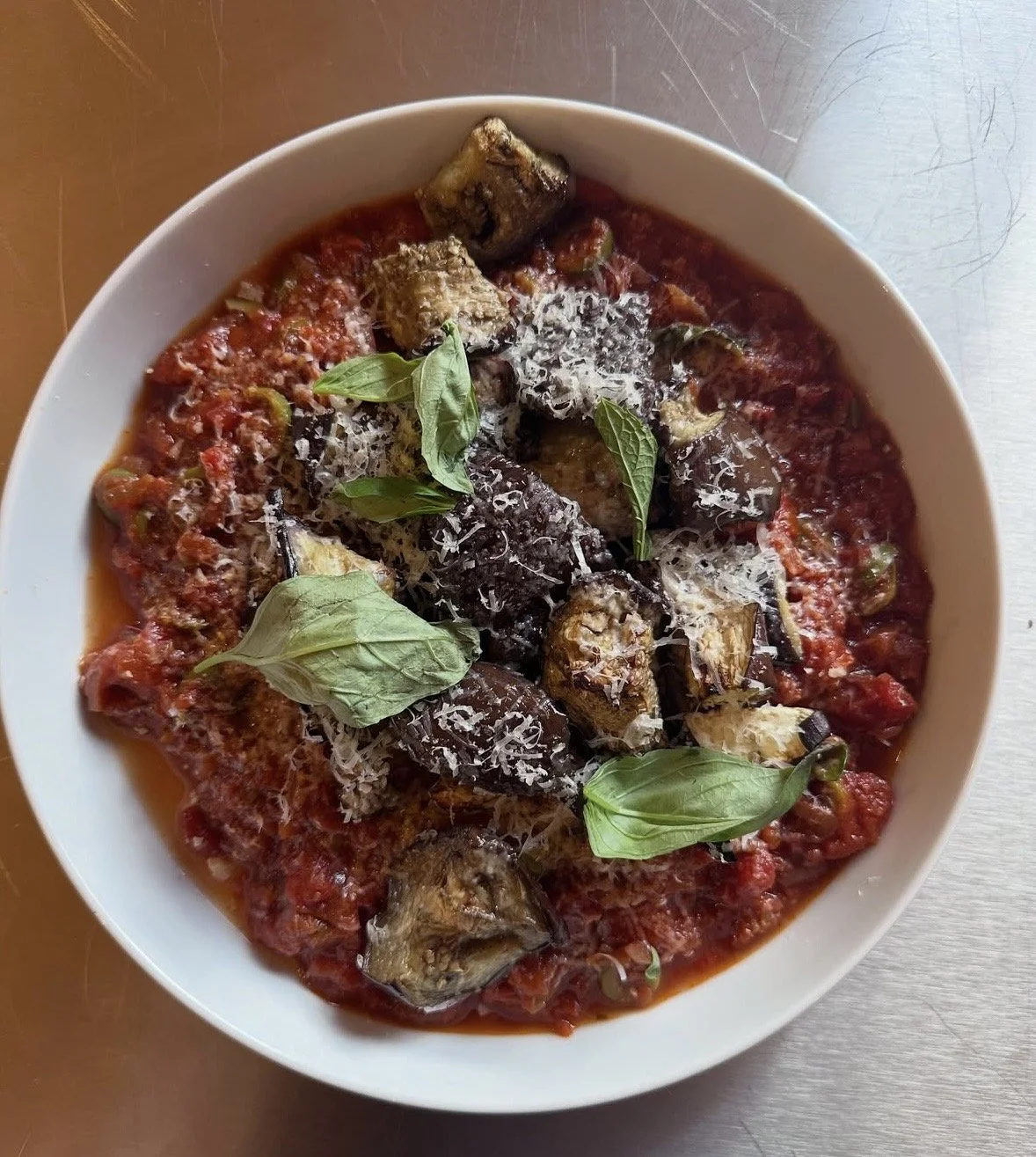 Mediterranean Aubergine, Red Pepper & White Bean Stew w/ Lemon Bulgur (DF, Ve, GF opt.)