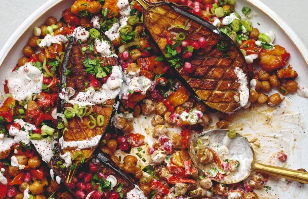 Roasted Aubergine with Crispy Chickpeas