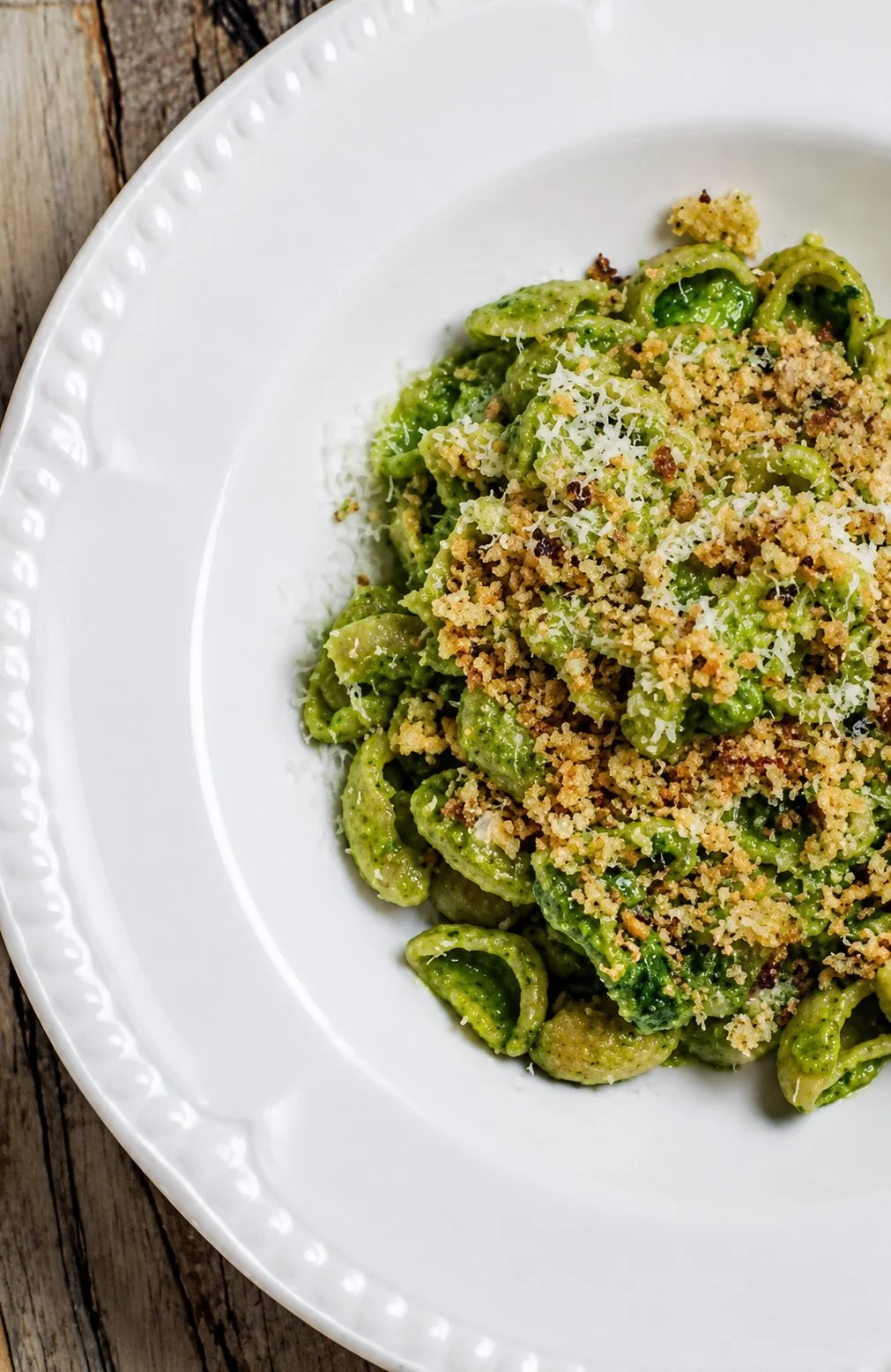 Basil Pesto Orecchiette w/ Crispy Prosciutto, Cherry Tomatoes & Herby Pangrattato