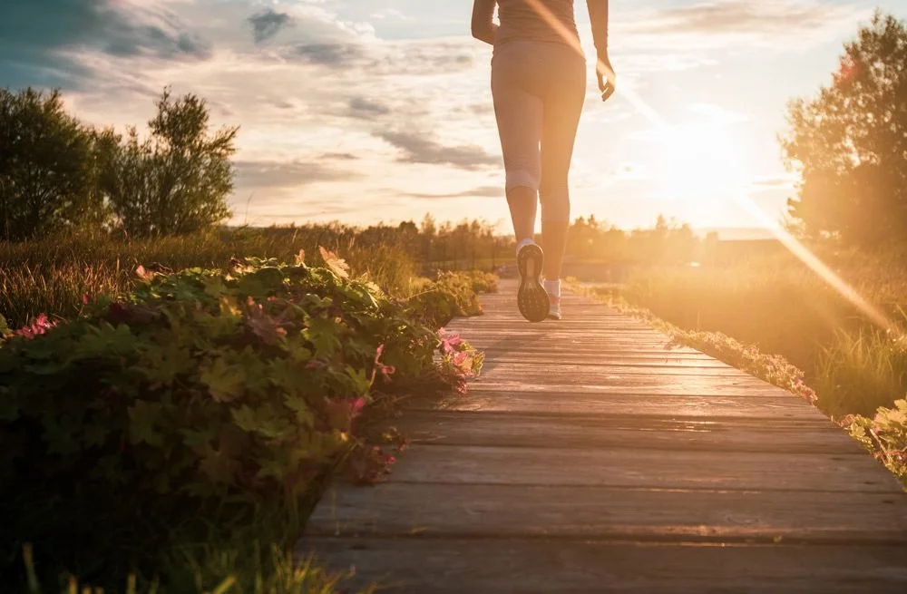 Person jogging on a wooden path during sunset, surrounded by greenery and flowers.