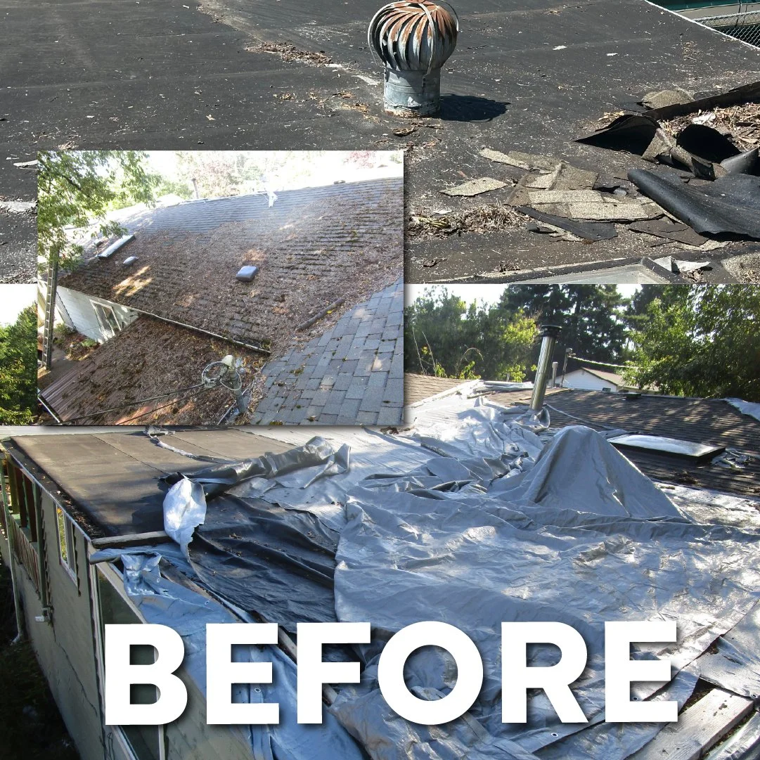 Multiple roof sections before roof repair, showing damaged shingles, debris, and vents, with the word 'BEFORE' overlayed.
