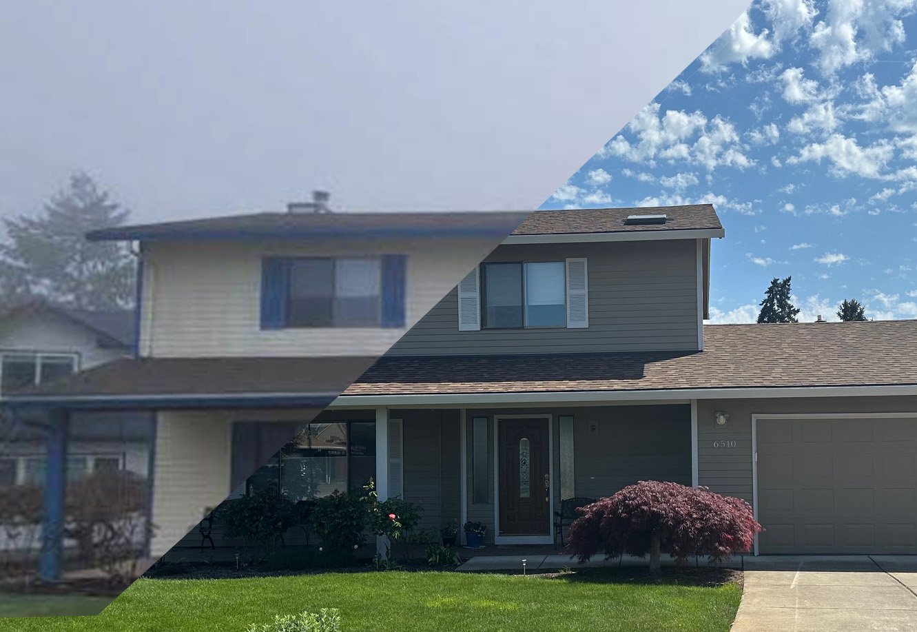 Split image of a two-story house. The left side shows the house with fog and a blue sky, the right side shows the house clearly with a blue sky with clouds, a garden with a small tree, and house number 6510.