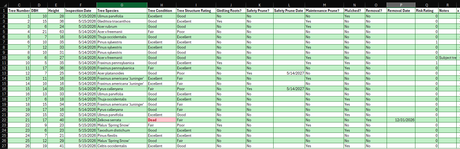 An Excel spreadsheet depicting tabular data from trees inventoried for an HOA in the state of Idaho.