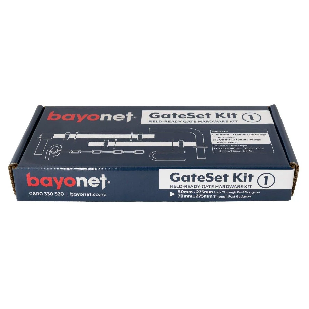 Boxed Bayonet GateSet Kit displaying complete matched gate hardware including gudgeons, latch set and staple for farm and lifestyle block gates