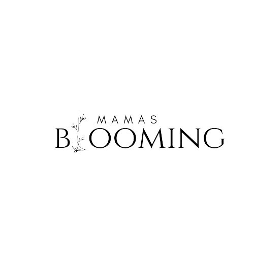 Logo with text 'Mamas Blooming' featuring a floral design in the letter 'B'.