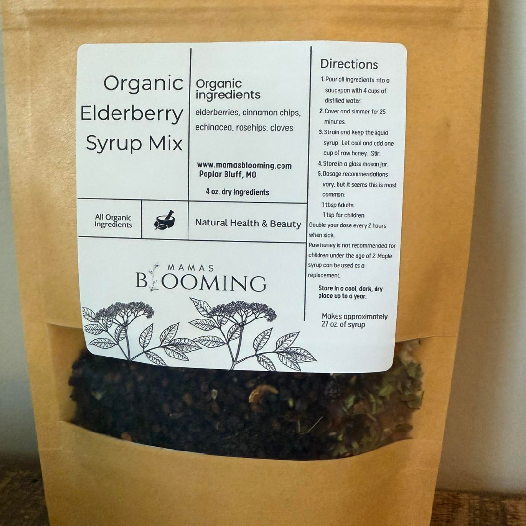 Mamas Blooming elderberry syrup mix for making homemade elderberry syrup.