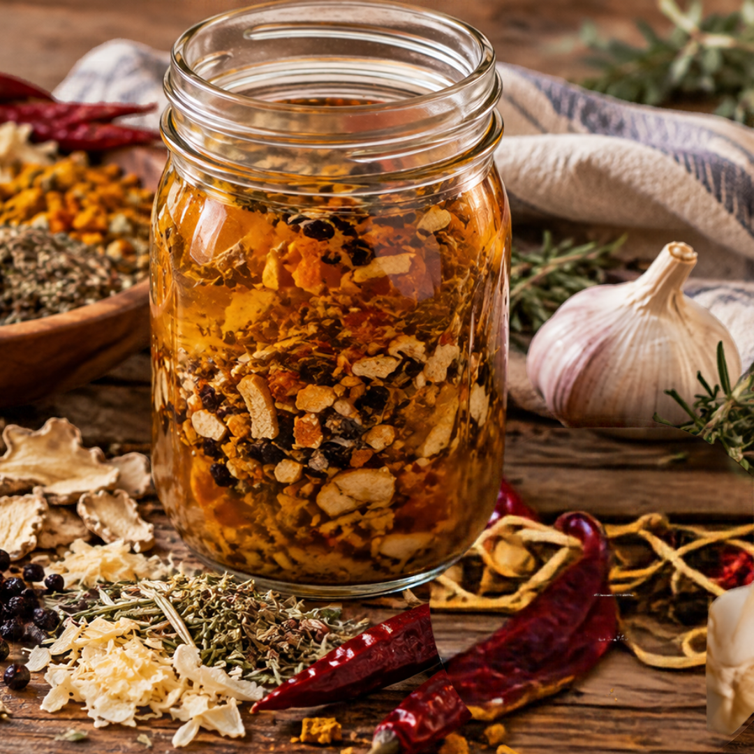 Traditional homemade fire cider in a glass mason jar with a rustic arrangement of herbs, roots, dried orange peel, ginger, garlic, and spices.