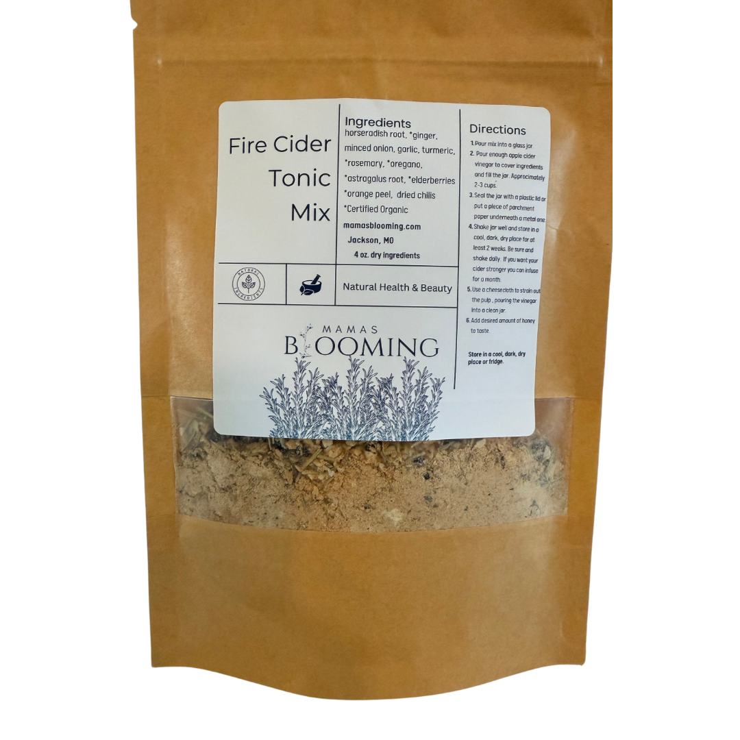 Mamas Blooming Fire Cider Mix in its original packaging, featuring a small-batch blend of dried horseradish root, ginger, garlic, herbs, and spices for preparing homemade fire cider.