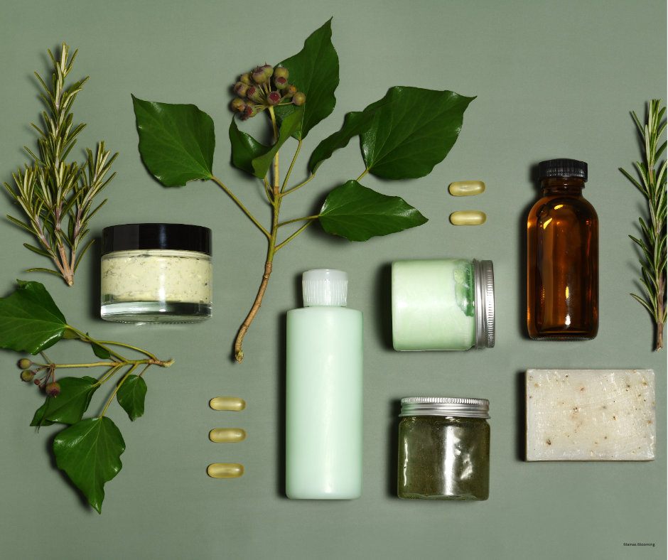 Herbal wellness and natural body care products with botanical herbs on a sage green background.