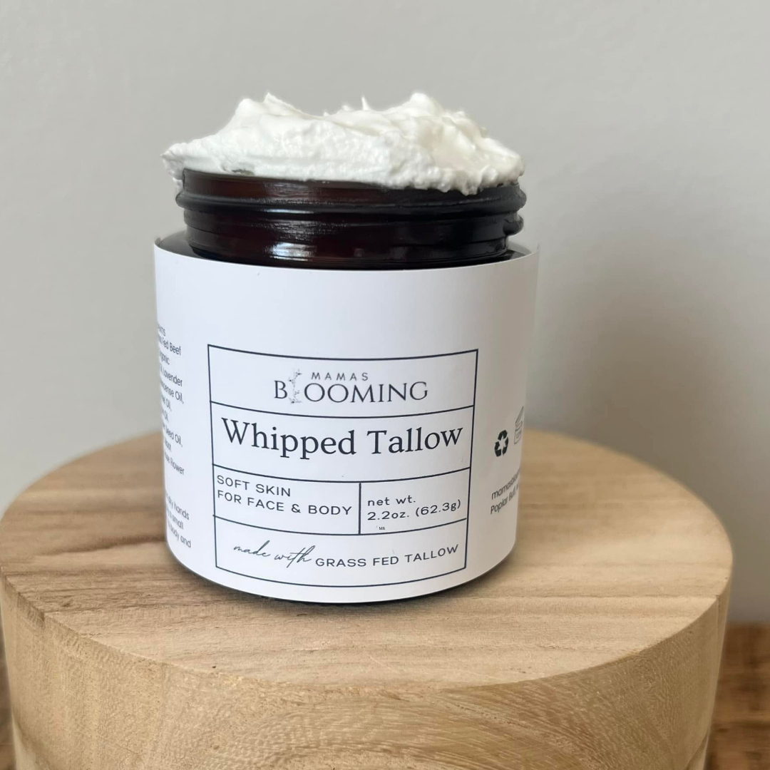 Mamas Blooming whipped tallow body balm for moisturizing dry skin.
