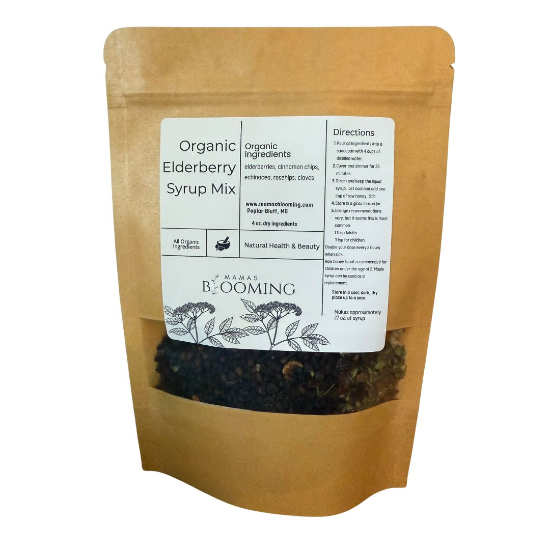 Mamas Blooming Elderberry Syrup Mix in its original packaging, featuring a small-batch blend of dried elderberries and warming spices for making homemade elderberry syrup.