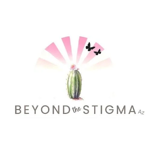 Illustration of a cactus with two butterflies and pink rays above it, with the text 'Beyond the Stigma AZ' below.