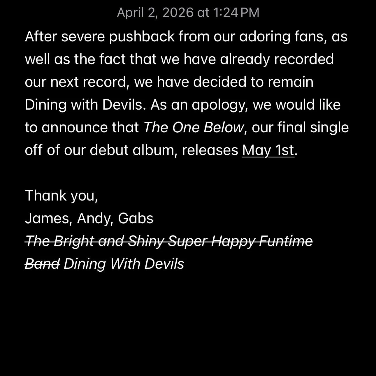 The One Below releases on May 1st. Thank you all for your continued support