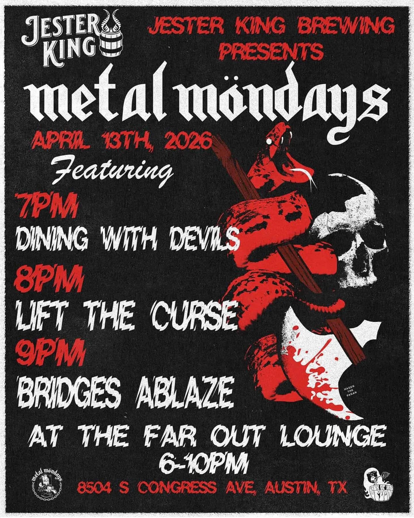 METAL MONDAY, APRIL 13TH! Doors are at 6, music starts at 7. This is an absolutely stacked bill, and we look forward to seeing everyone there!

7pm- @diningwithdevilsband 
8pm- @liftthecursemusic 
9pm- @bridgesablaze 

#atx #livemusic #metalmondays #