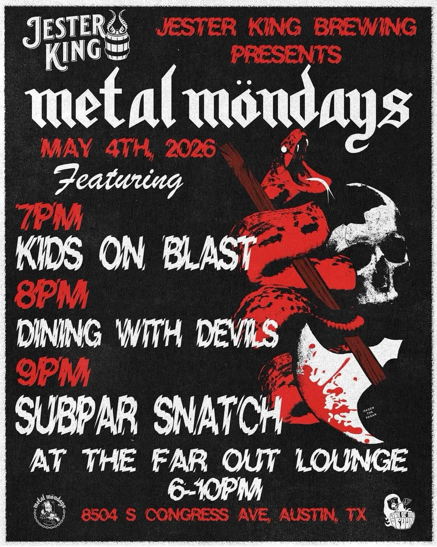 METAL MONDAY with @kidsonblast and @subparsnatch! Looking forward to another killer show 😈😈😈

Doors at 6, we go on at 8