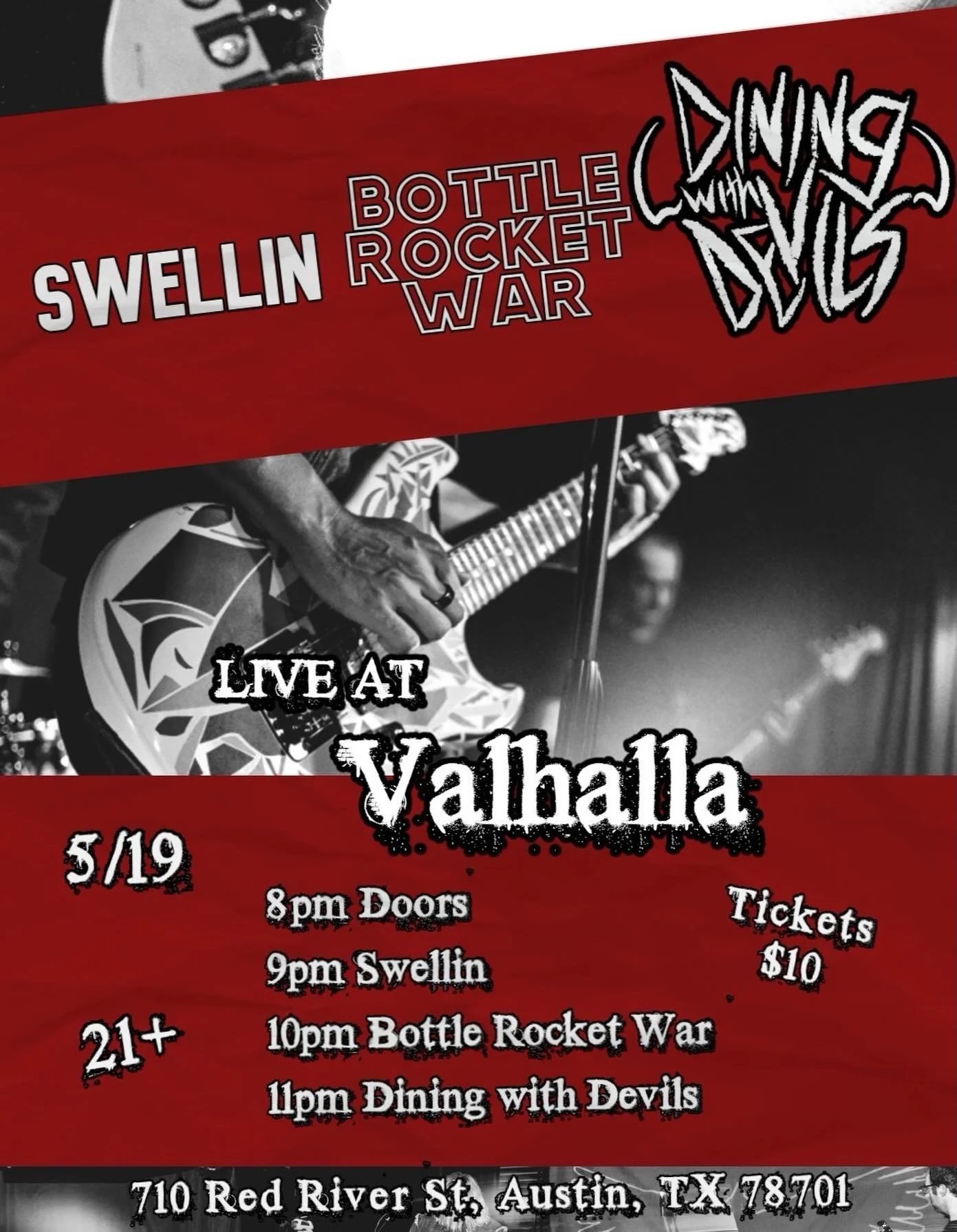 LIVE AT VALHALLA: Swellin, Bottle Rocket War, and Dining with Devils hit the stage @valhallatavern. Doors open at 8, Music goes until 12. Come on down and get your ears rocked
