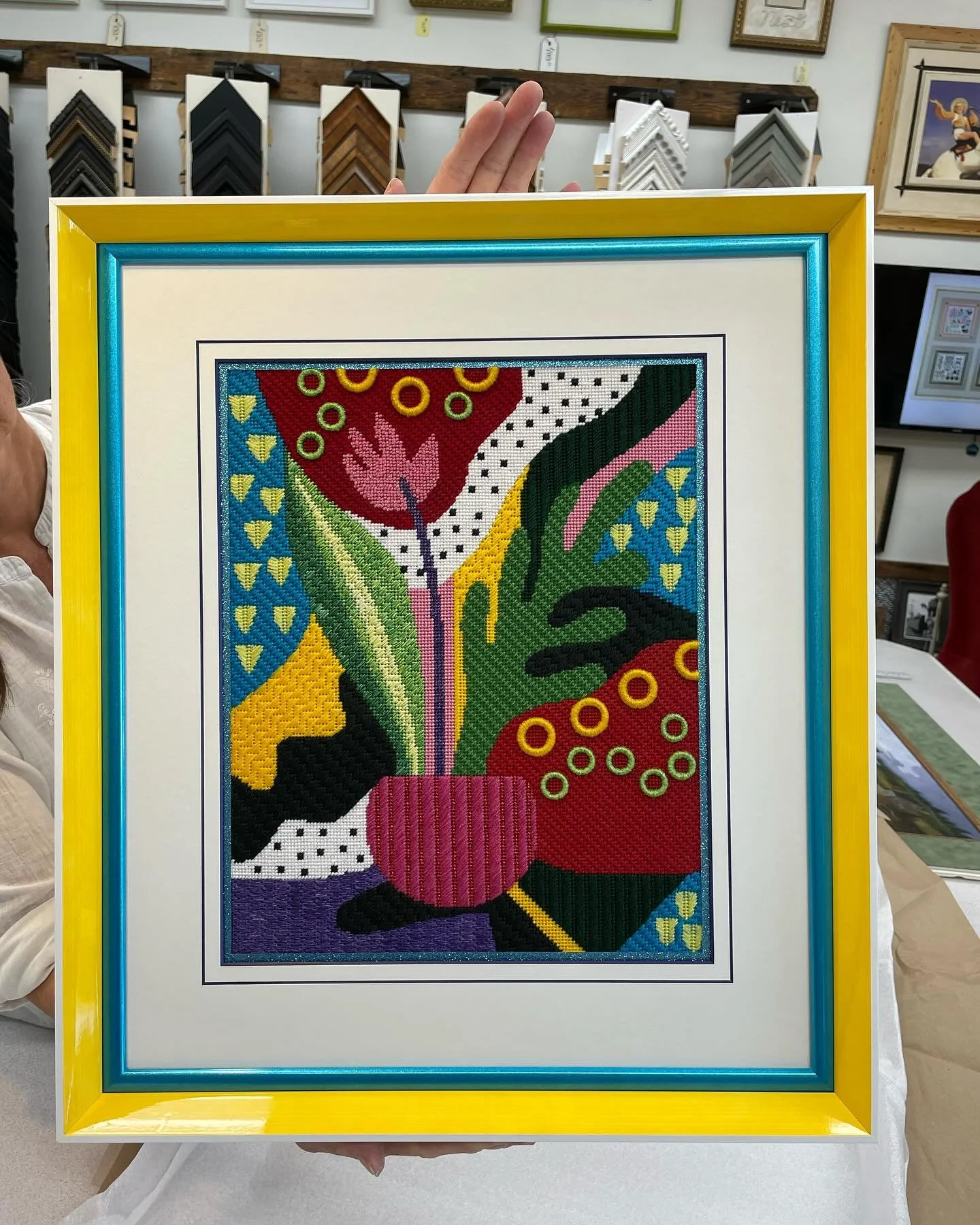 Yes! We stacked two bright happy frames to get just the right level of joy to match the needle art! Thanks to M. E. For letting us share her skills.
#needleart#crescentcardboard #needlepoint #needlepointfinishing #needlepointersofinstagram #omegamoul