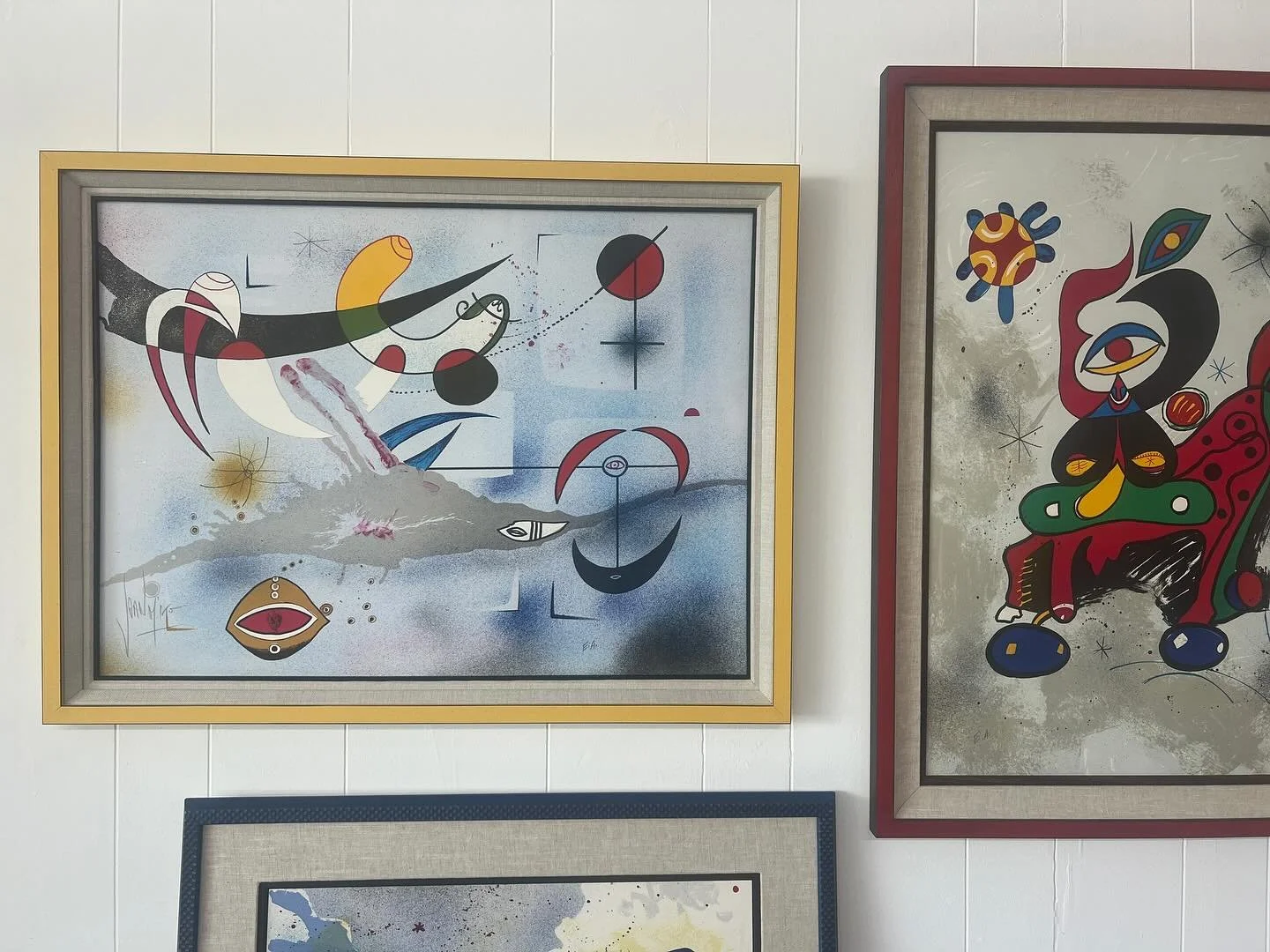 Three beautiful Mir&oacute; lithographs found their way back home to Palm Desert and we&rsquo;ll miss having them in the shop. 
Miro&rsquo;s works are exhibited in a wide variety of frames from ornate, gold-gilt, Spanish-style frames to barely-there 