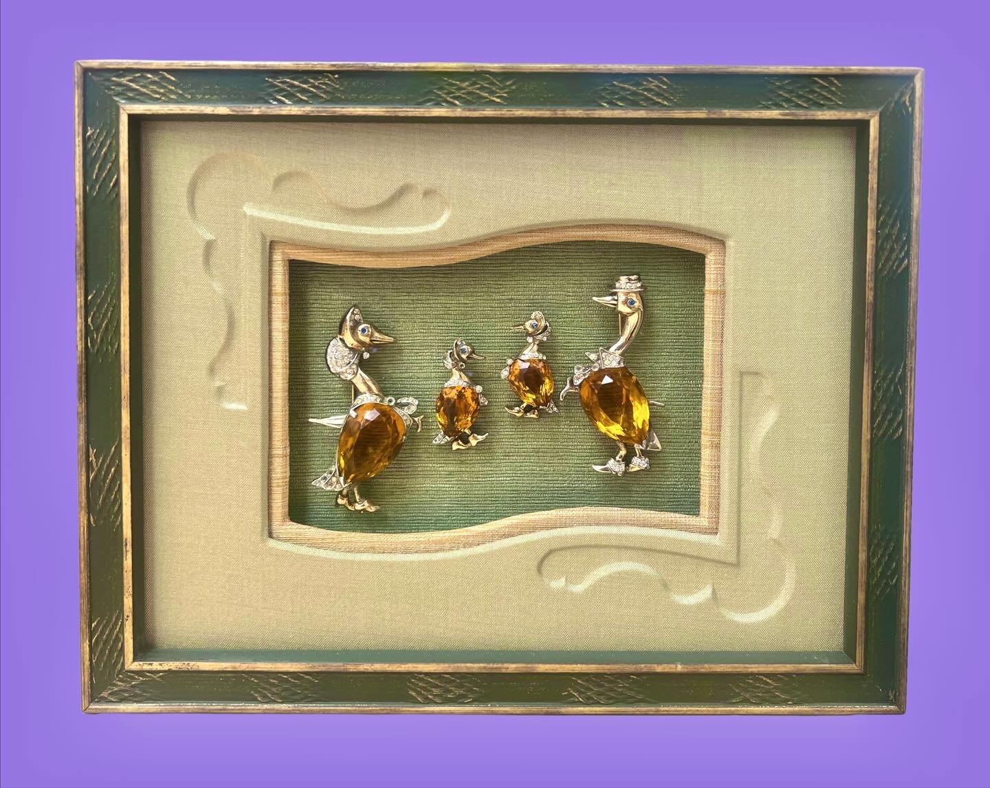 Rainy LA weather calls for us to finally share this sweet shadowbox featuring a family of ducks (our clients&rsquo; mother&rsquo;s brooches and earrings). This one is extra special - 3 different silks from @franksfabrics for the bas relief mat (note 