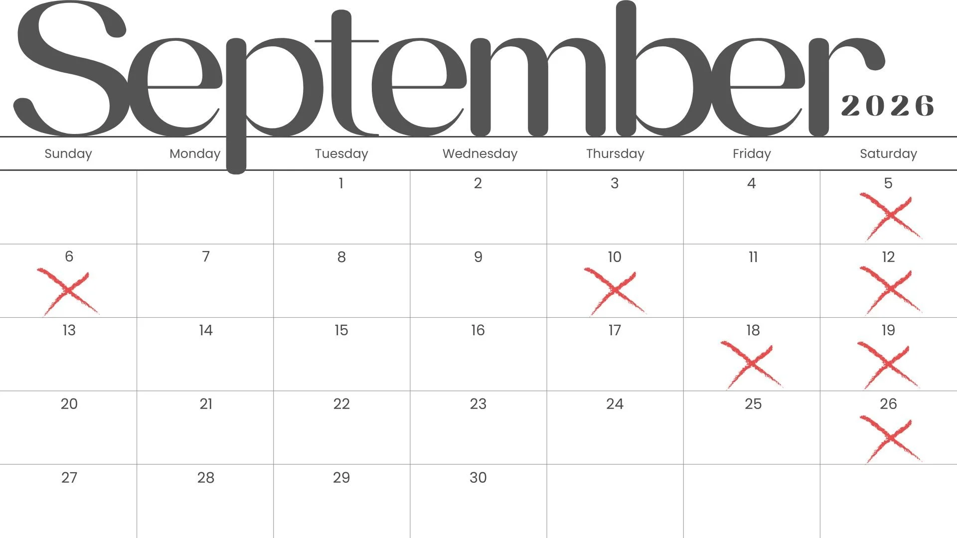 September 2026 calendar marked with red crosses on the 5th, 12th, 13th, 17th, 18th, 19th, and 26th