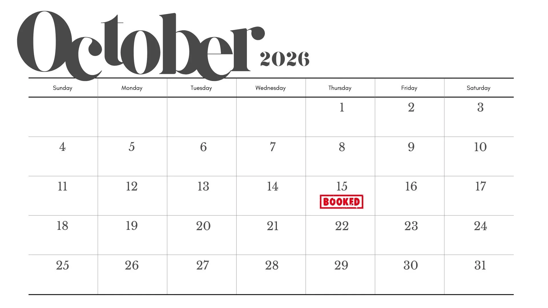 October 2026 calendar page, with the 15th marked as booked in red.